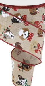 Vacaciones Navidad Razas de Perros Perros Pit Terrier Laboratorio Con Cable Beige Cinta de 2.5" por Yd - Imagen 1 de 2