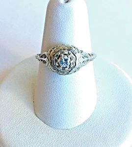 VTG 18k WHITE SOLID GOLD EUROPEAN CUT DIAMOND ART DECO RING Size 7 1930'S - Picture 1 of 8