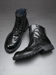Cowhide Mens High Top Fashionable Chelsea Boots Round Toe Short Boots Motorcycle - Picture 1 of 21