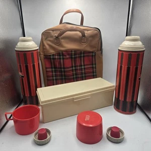 Vintage THERMOS King Seeley Picnic Thermos Camping Picnic Set Plaid Bag Pristine - Picture 1 of 14