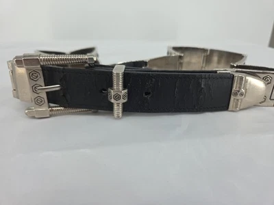 Cinto de couro genuíno vintage anos 80 raro prata metal steampunk 32 polegadas - Imagem 1 de 4