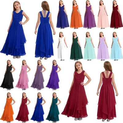 Mädchen Chiffon Kleider Ärmellos Midikleider A Linie Bodenlang Abendkleider - Bild 1 von 4