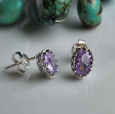 925 Sterling Silver 5.5x8mm Oval Amethyst 3/8'' Earrings Gemstone - Image 1 of 4