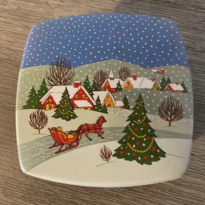 1970s VTG Ullman Winter Wonderland Plastic Cookie Candy Tin Container Blue USA - Image 1 of 4