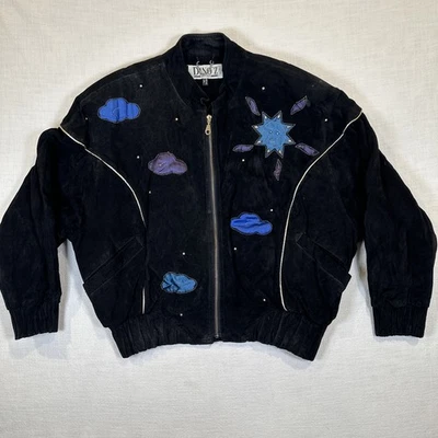 Chaqueta de gamuza negra vintage Dino’z para mujer retazos nube de sol luna borde dorado grande Foto 1 de 4