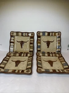 4 Canyon Ranch Collection Quadratisch 8" Salat Mittagessen Teller Western Steer Longhorn - Bild 1 von 11