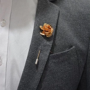 Lapel Pin Flower Gold Metal Men Women Wedding Suit Favors Pin, Groom Boutonniere - Picture 1 of 5