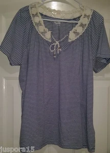 Basic Editions Womens Shirt Top Blouse Size XXL 2XL 2X Large Blue White Striped - Picture 1 of 3