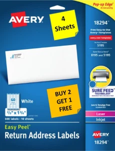 [4 hojas] Etiquetas de dirección de devolución Avery 18294/5195/8195 2/3 x 1 3/4 LAS/INK B2G1 - Imagen 1 de 1