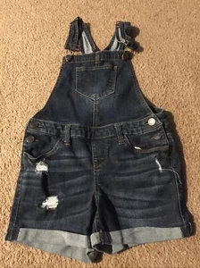 Girls SO Ripped Distressed Denim Short Overalls - Dark Wash, Size 8 - Picture 1 of 4