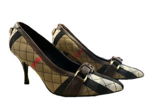 Authentic New BURBERRY Brown leather CHECK Plaid BUCKLE Pumps Shoes 38 7.5