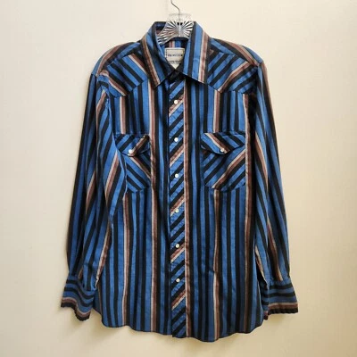 Frontier Shirt Men's M Blue Stripe Pearl Snap Western Rodeo Cowboy Country Music - Image 1 of 4