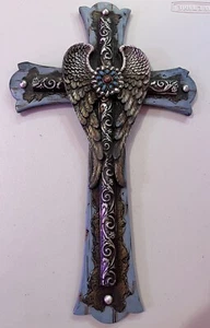 Cross Angel Wings Blue Wall Hanging Decoration 16x10 - Picture 1 of 2