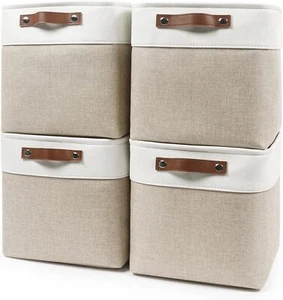 Collapsible Fabric Storage Cubes 11x11, 4 Pack w/Handles (Beige&White) - Picture 1 of 8