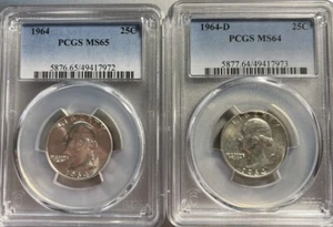 1964 P MS65 and 1964 D MS64 Silver Washington Quarters. PCGS Holders. - Picture 1 of 2