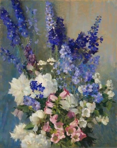 Laura Coombs Hills Larkspur Peonies And Canterbury Bells Canvas Print 16 x 20 - Bild 1 von 4