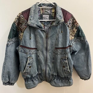 Vintage 80er Be In The Current Seen Jeansjacke Damen M Denim gefüttert Patchwork Mantel - Bild 1 von 12