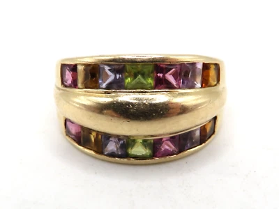 UNIQUE 14k YELLOW GOLD RING w 14 MULTICOLORED SQUARE GEMSTONES - SIZE: 6.25 * - Image 1 of 4