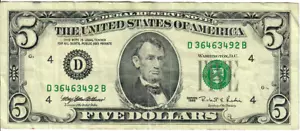 1995 5$ FRN - Small portrait w/ security thread - MEW/RER D36462492B - #15331 - Picture 1 of 2
