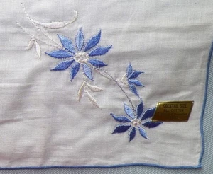 Bridal Wedding Hankie Blue Embroidered Flowers NWT Cotton NOS Vintage - Picture 1 of 3