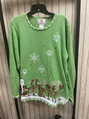 Quacke Factory Vintage Embroidered Green Santa Reindeer Christmas Knit Sweater L - Image 1 of 4