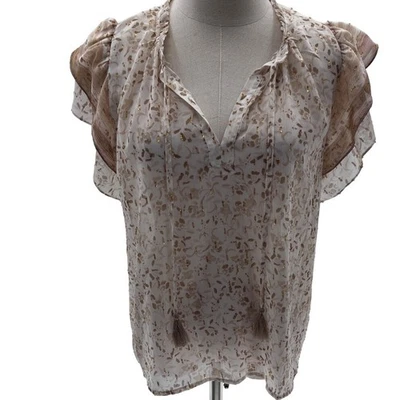 Lovestitch Cream/Brown/Metallic V-Neck Ruffled Short Sleeve Peasant Top- M - Image 1 of 4