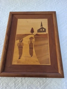 Marquetry Wood Inlay, Folk Amish Farm Scene- Signed&Details On Back 12X9 - Picture 1 of 5