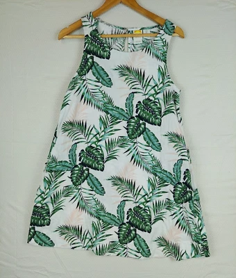 C&C California Small Linen Shift Dress White Green Floral Tropical Beach Pockets - Image 1 of 4