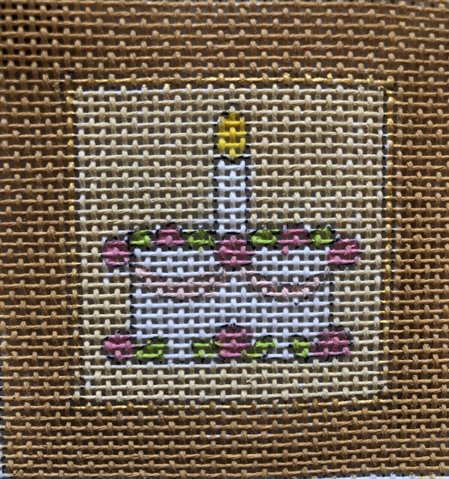 Elaine Magnin Happy First Birthday Cake Handpainted Needlepoint Canvas Pink 18ct - Image 1 of 4