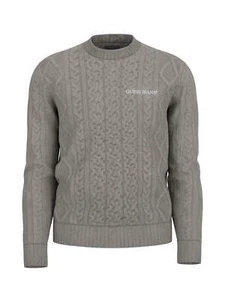 GUESS Jeans LS Crew Neck Cable Knit Sweater Cobblestone Heather Grey - Picture 1 of 6