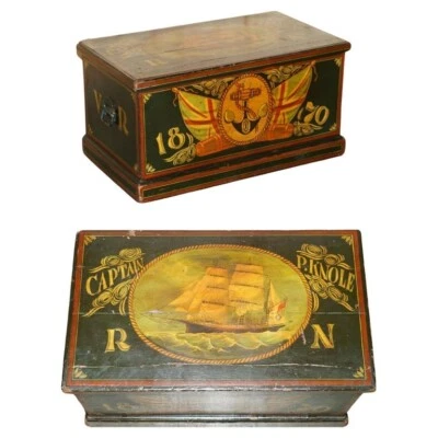 BAÚL O COFRE VAPORERO CAPITÁN P.KNOLE PINTADO A MANO 1870 CON TEMÁTICA NÁUTICA Foto 1 de 4