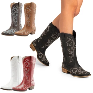 Women Pull On Western Mid Calf Boots Square Toe Cowboy Cowgirl Boots - Picture 1 of 32