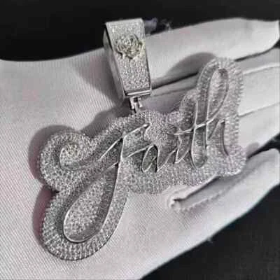 2Ct Round Cut Real Moissanite Customize Name Men's Pendant 14K White Gold Plated - Image 1 of 3