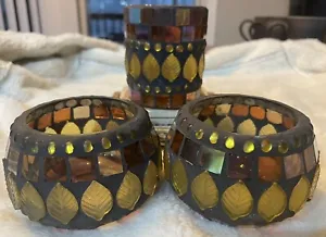 Yankee Candle Mosaic Votive Candle Holders (3) Fall Amber Orange Gold Leaves - Picture 1 of 5