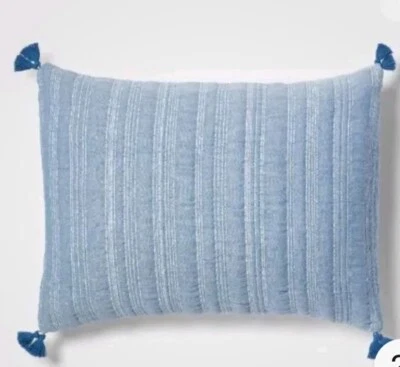 Umbral Estándar Reversible Matelassé Sham Azul Blanco Cosido Raya Foto 1 de 3