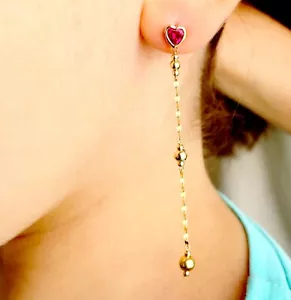 14k solid y/gold nice round ball long drop screw back earrings with heart red CZ - Picture 1 of 6