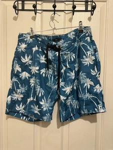 Onia Mens Board Shorts Size Medium Polyester Blend Blue Palm Print Summer - Picture 1 of 4