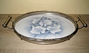 Serviertablett mit Montur und Griffen, ca. 1920, Vintage, blaue Trauben, Blätter - Bild 1 von 8