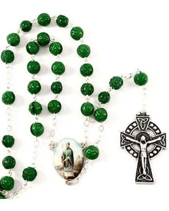 NEW MADE ITALY GREEN GLASS ROSEBUD BEAD ST PATRICK IRISH ROSARY SET CELTIC  - Picture 1 of 2