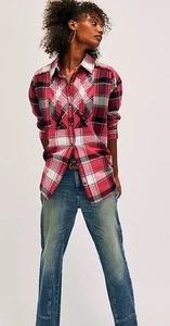 Free People Layla Karohemd We The Free Flanell Twirl Plissee rot Kombi S NEU - Bild 1 von 5