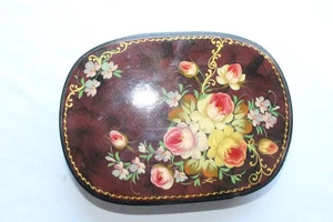 Vintage Floral Roses Russian Hand Painted Lacquer Trinket Box Signed MCM Style - Picture 1 of 23