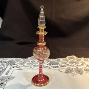 1 Egyptian Glass unmarked Perfume Bottle Gold Accent Hand Blown Red 6.5”T X 1.5” - Picture 1 of 9