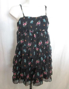 Reg Siz 6 H&M Divided Tiered Ruffled Dress Black Print Above Knee Spagetti Strap - Picture 1 of 6