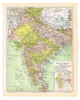 Mapa antiguo de la India fecha 1888 original auténtico mapa vintage Calcuta Bombay Madras Foto 1 de 4