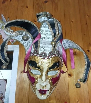 Vintage Venetian Face Mask Handmade Jester Mardi Gras Carnival Wall Art  - Image 1 of 3