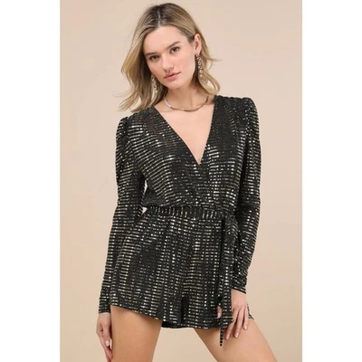 Lulus Bettie Gold Metallic Long Sleeve Romper NYE Vegas Embellish Sparkle Large - Image 1 of 4
