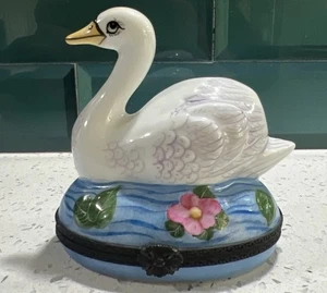 Rare Stunning Limoges France Swan Peint Main Trinket Box Griselles Signed - Picture 1 of 11