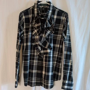 Lauren Ralph Lauren Hemd Rüschenausschnitt Medium Langarm schwarz weiß kariert - Bild 1 von 9