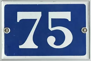 Old blue French house number 75 door gate plate enamel steel metal plaque 1970s - Picture 1 of 1