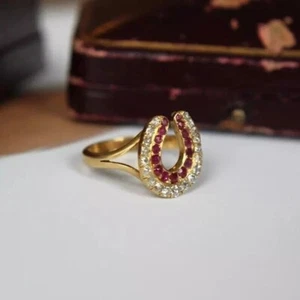 2.50 Ct Round Cut Simulated Pink Ruby Horse Shoe Band Ring 14k Yellow Gold Over - Picture 1 of 7